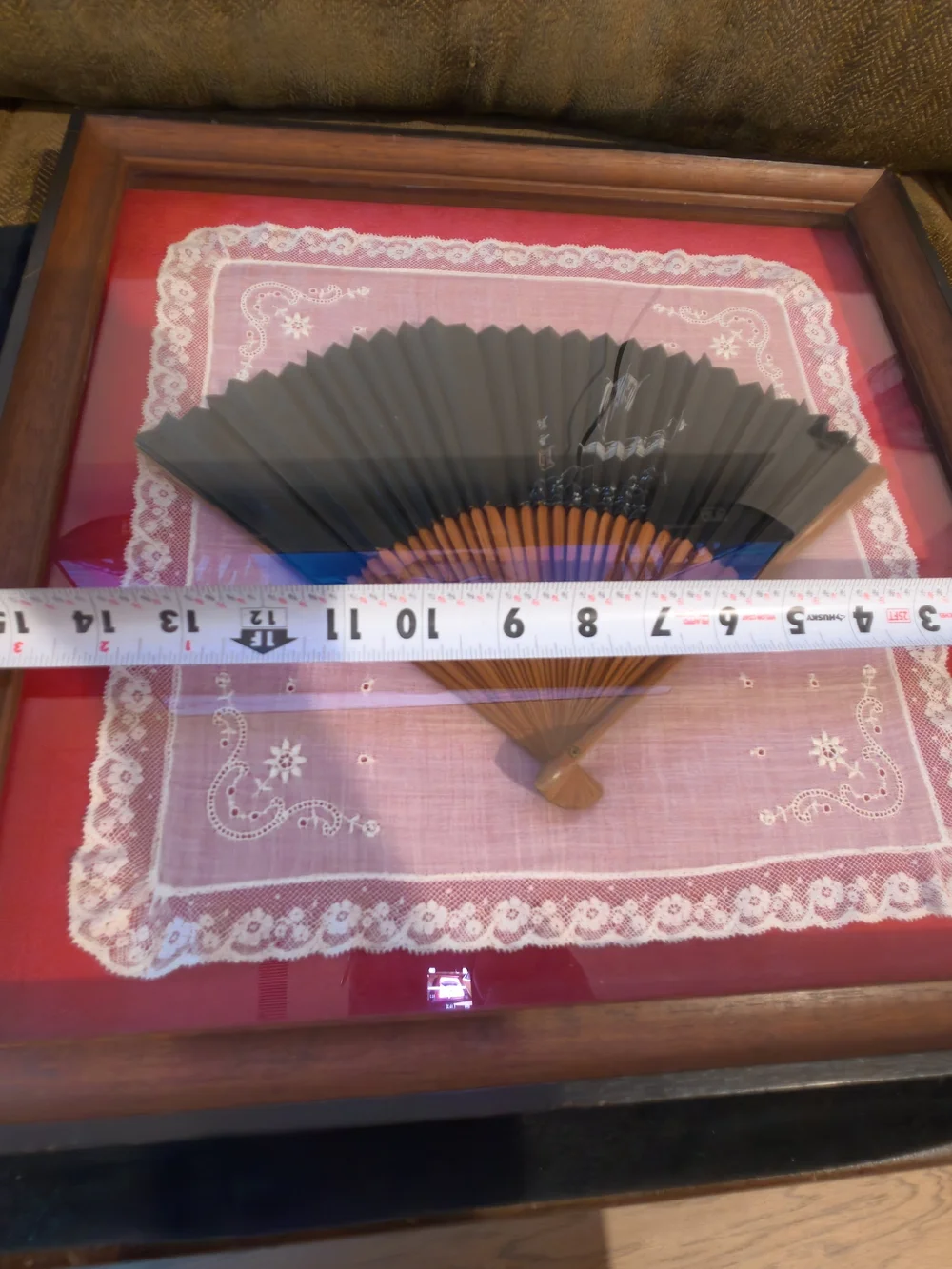 Vintage 1950's Korean painted fan and lace handkerchief in wood/glass frame